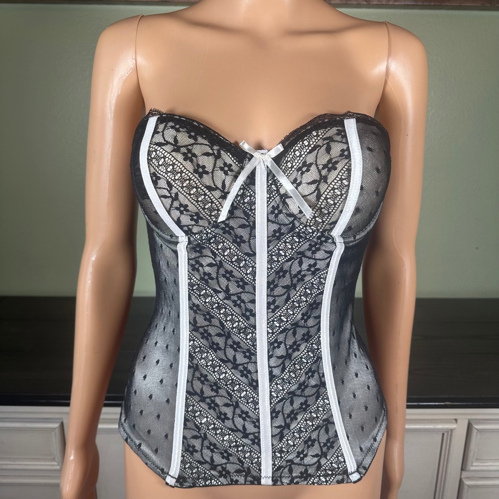 Charlotte Russe Black Lace Bustier Corset Top White Trim Strapless Lingerie